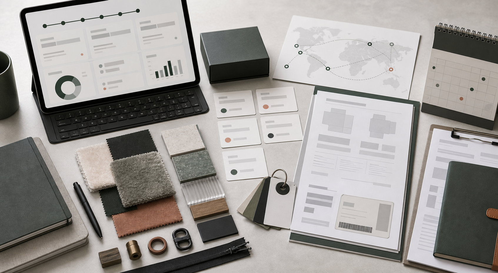 Overhead tabletop with retail-ready box, fabric pouch, material swatches, a quality checklist and a route map.
