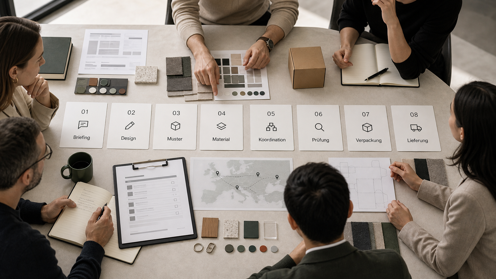 Project team reviewing the eight-step workflow — briefing, design, sample, material, coordination, inspection, packaging, delivery — with material samples, a Europe route map and a packaging dieline.